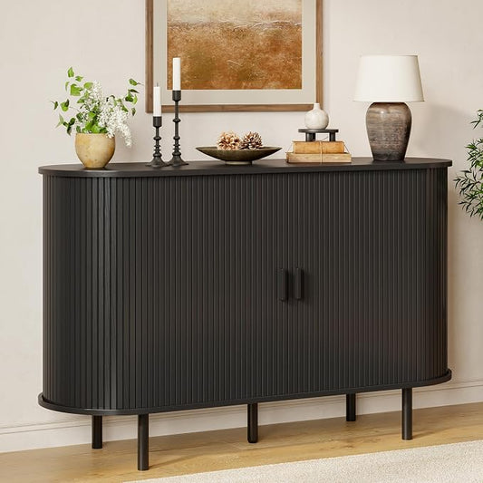 Buffet Sideboard Cabinet with Storage, 48" Fluted Cabinet with Sliding Door & Adjustable Shelf, Modern Accent Coffee Bar Console Table for Kitchen, Entryway, Black