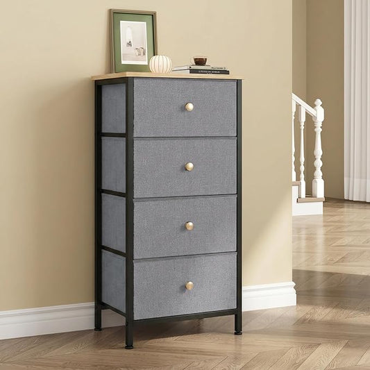 DUMOS Nightstand with 4 Drawers, Bedside Table with Removable Fabric Bins, Sturdy Steel Frame Wood Top Organizer Furniture for Bedroom Closet Living Room, Gray Blue