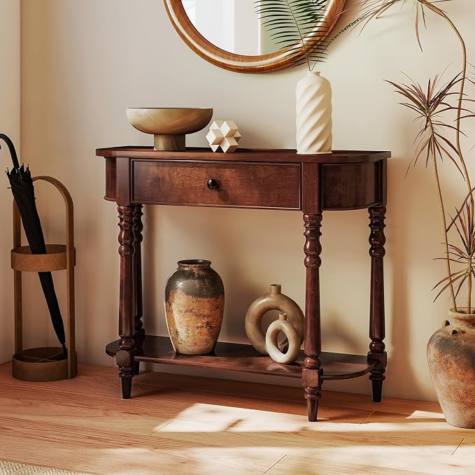 Giantex 2-Tier Console Table, 36" Retro Entryway Table with Storage Drawer & Elegant Legs, Narrow Wooden Sofa Table with Open Shelf for Living Room, Foyer, Hallway, Bedroom, Entrance (Brown)