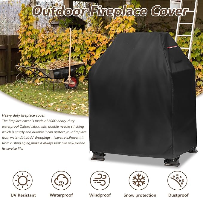 Outdoor Fireplace Cover,Heavy Duty 600D Waterproof Square Chimineas Fireplace Covers,Cover for Panovue Chiminea Fire Pit,32" L x 24" W x 45" H,Black