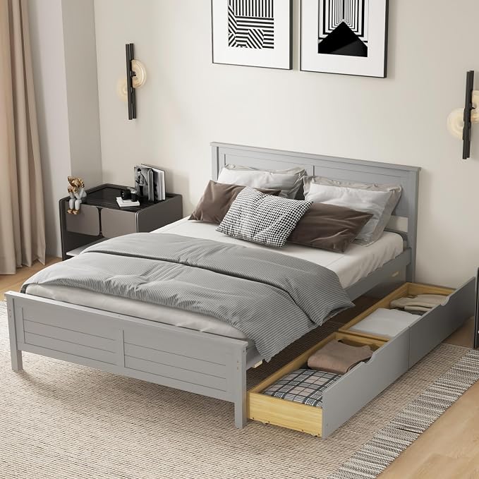 KOMFOTT Full Size Wood Bed Frame with 2 Storage Drawers, Mid Century Platform Bed Frame with Headboard, Sturdy Wooden Slats Support, Modern Mattress Foundation, No Box Spring Required, Easy Assembly