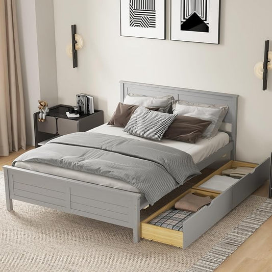 KOMFOTT Full Size Wood Bed Frame with 2 Storage Drawers, Mid Century Platform Bed Frame with Headboard, Sturdy Wooden Slats Support, Modern Mattress Foundation, No Box Spring Required, Easy Assembly