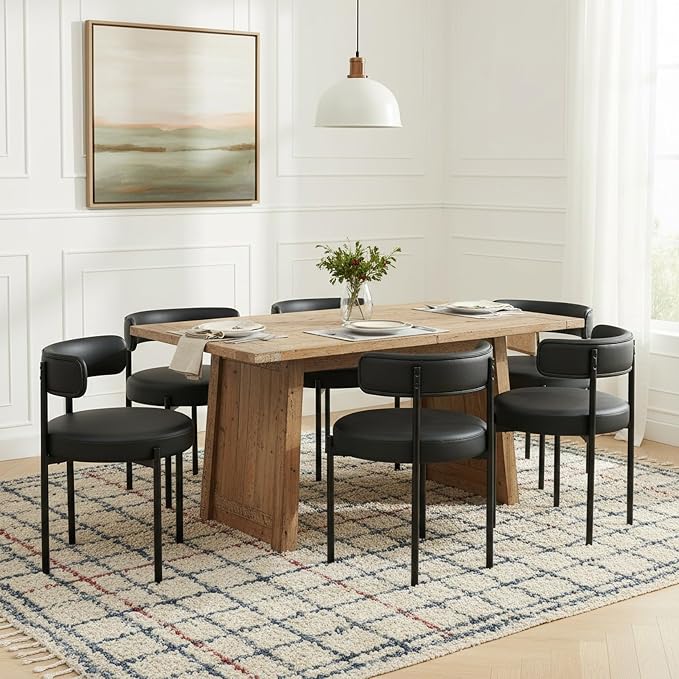 Faux Leather Dining Chairs Set of 4, Upholstered Kitchen and Dining Room Chairs, Mid-Century Modern Dining Chairs with Round Back and Black Metal Legs, Vegan Leather, Black