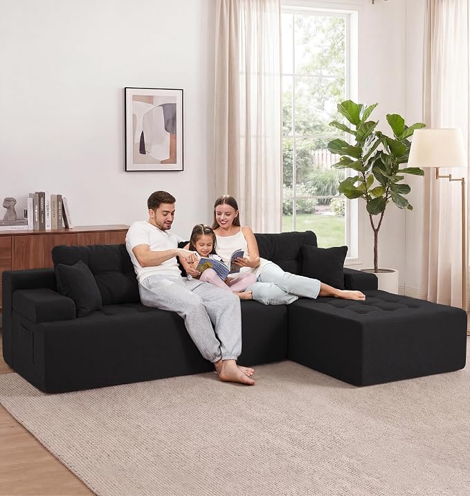 Hobestluk Modular Sectional Sofa Couches L-Shape Couch 3 Seat Modular Sofa Memory Foam Sectional Couches for Living Room, Cloud Couch with Oversized Chaise (Black Tufted, 108", Right Hand Facing)
