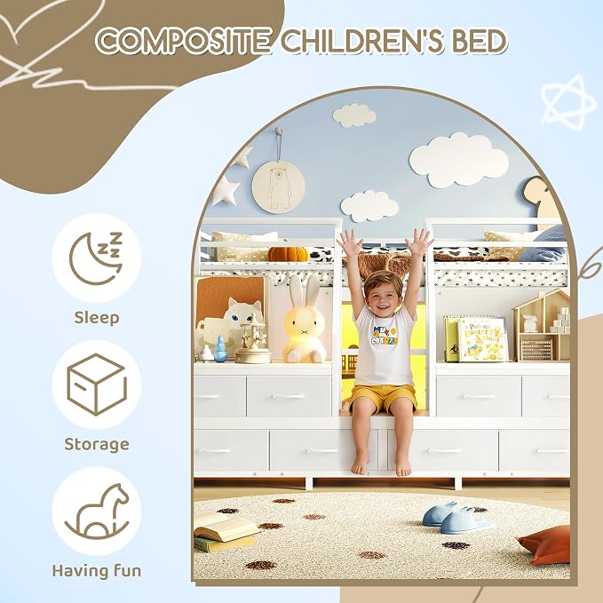 Bellemave Twin Size Loft Bed with 8 Non-Woven Fabric Storage Drawers and Bookshelf, Low Loft Bed with Lights and Private Play Curtain, Twin Loft Beds with High Rails, Noise Reduced White