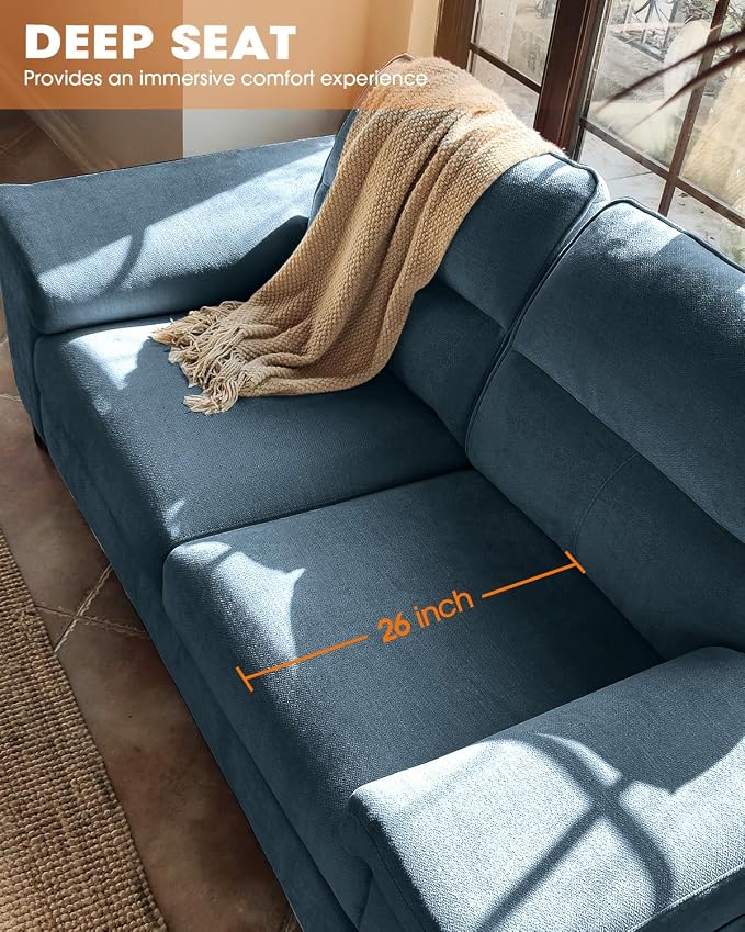 Upvilla 88.97" Modern Sofa Couch for Living Room, Deep Seat Sofas with 8”Cushion, Comfy 2-Seater Chenille Loveseat with Convertible Armrest, Removable Sofa Cover, High Leg (Blue)