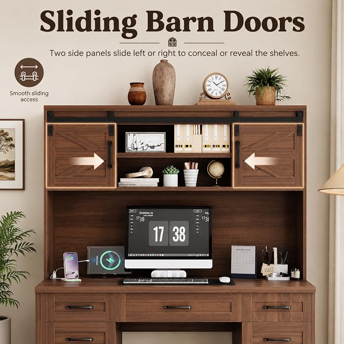 LUMISOL Farmhouse Executive Desk with Hutch and Charging Station, Computer Desk with 2 Sliding Barn Doors, 5 Drawers and Storage Cabinet with 3-Position Adjustable Shelf, Walnut