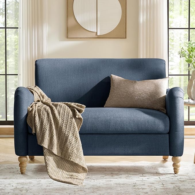 HULALA HOME 50.5" Loveseat Sofa with Stripe Pattern, 2 Seater Farmhouse Sofa with Rolled Wide Armrests and Rubber Wood Legs, Comfy Upholstered Small Couch for Living Room Bedroom, Navy
