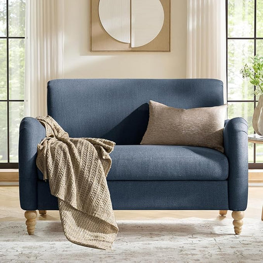 HULALA HOME 50.5" Loveseat Sofa with Stripe Pattern, 2 Seater Farmhouse Sofa with Rolled Wide Armrests and Rubber Wood Legs, Comfy Upholstered Small Couch for Living Room Bedroom, Navy