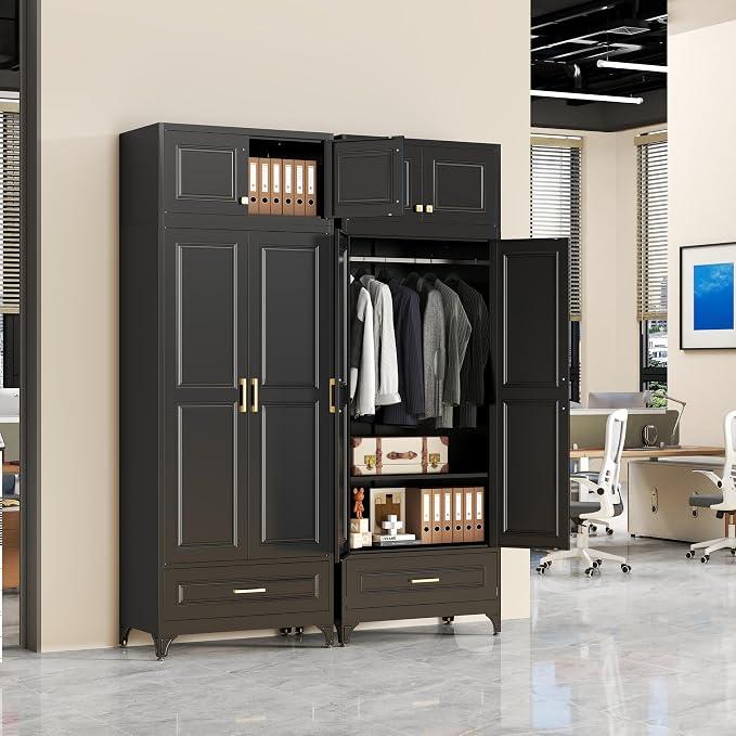 SteeLoong 86" Metal Armoire Wardrobe Closet with Drawers,Tall Clothing Storage Cabinet with Adjustable Shelves and Hanging Rod,Black Wardrobe Closet for Bedroom,Home,Bathroom,Gym