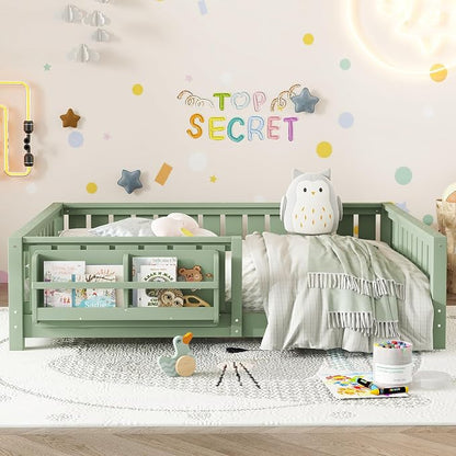 Bellemave Full Floor Bed with Slats and Rails, Full Size Montessori Floor Bed with Bookcase and Fence, Easy Assemble Montessori Beds for Girls, Boys, Avocado Green