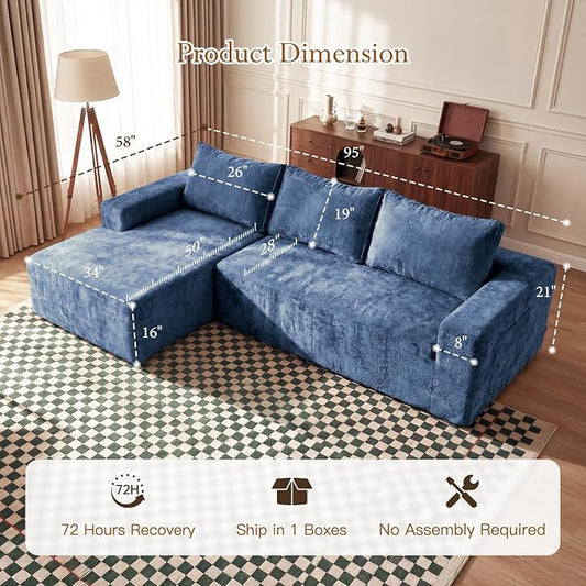 Vesgantti 95" Boneless Couches for Living Room, L-Shape Sectional Couch with Chaise in Chenille | Memory Foam | No Assembly Required, Deep Seat Cloud Modular Sofa for Apartment, Office (Blue)