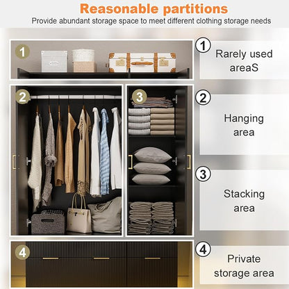 PAKASEPT Large Wardrobe Closet, 3 Door Armoire Closet | Mirror and LED Lights, Hanging Rod, Drawers, Armoires and Wardrobes for Bedroom