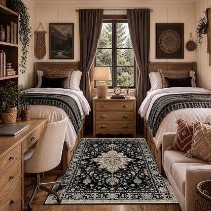RELEANY Area Rugs 4'x6' Washable Non-Slip, Floral Vintage Distress Medallion Carpet for Living Room Bedroom Dining Room, Black Brown Neutral Dark Tan