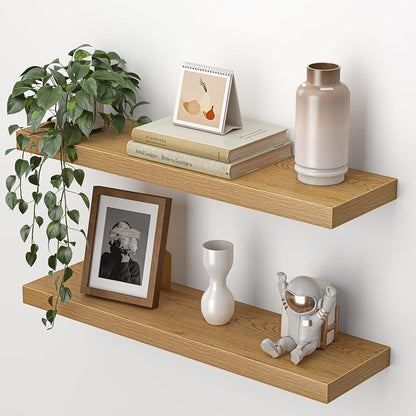 Heimlove 24 Inch Floating Shelves for Wall,Mounted Storage Wood Shelves with Invisible Brackets Hanging Shelf for Bedroom,Living Room,Kitchen,Office,Set of 2,Oak Color