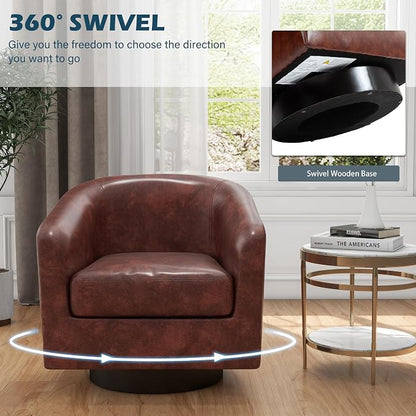 360° Swivel Barrel Accent Chair Armchair, PU Leather Round Club Arm Chair for Lving Room, Modern Upholstered Small Bedroom Single Sofa Seat - Red Brown, Set of 1