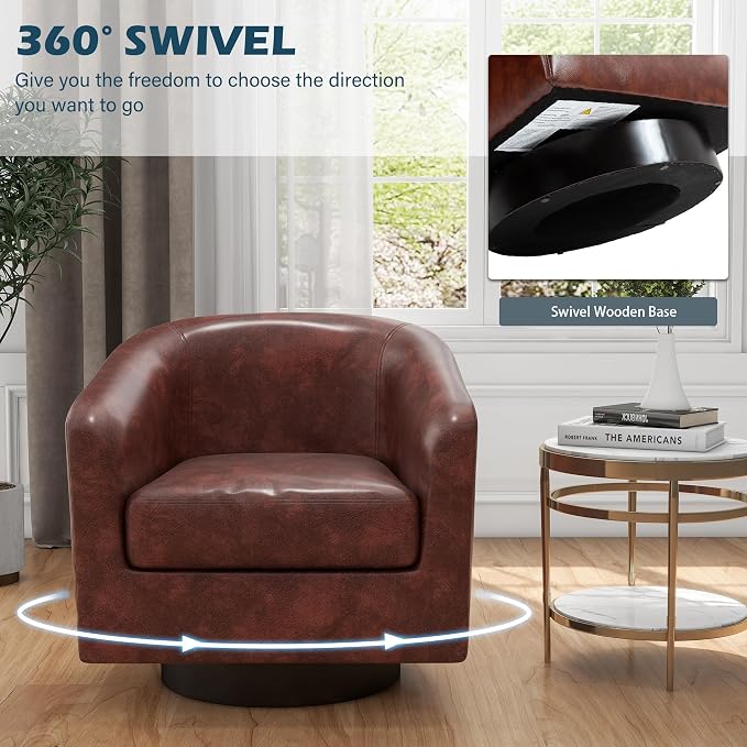 PU Leather Swivel Accent Chairs Set of 4, Barrel Club Chair Upholstered Armchair for Living Room - Red Brown