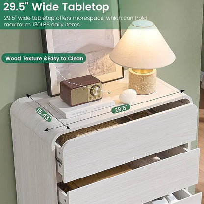Standifurno White 5 Drawers Dresser, Curved Dresser with Storage Organizer, Modern Drawer of Handleless, Large Chest of Drawers for Living Room, Nursery, Entryway, 29.5’’W