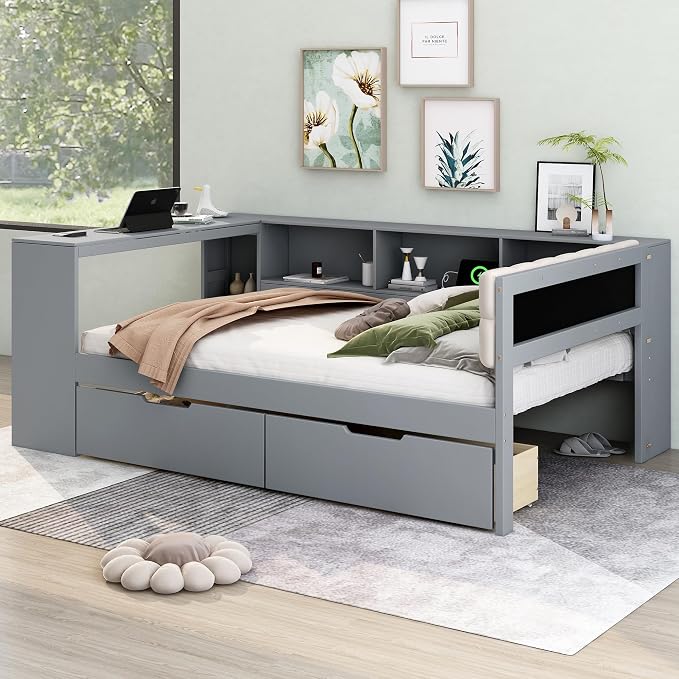 Ball & Cast Full Size Wood Daybed with Storage Shelves and Built-in Desk,Platform Bed w/Under-Bed Drawers & Charging Station,Upholstered Headboard,No Box Spring Needed,for Student Dorms,Gray