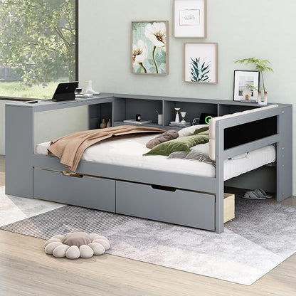 Ball & Cast Full Size Wood Daybed with Storage Shelves and Built-in Desk,Platform Bed w/Under-Bed Drawers & Charging Station,Upholstered Headboard,No Box Spring Needed,for Student Dorms,Gray