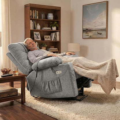 MCombo Power Lift Recliner Chair with Extended Footrest for Elderly People, Fabric 7287 (Light Grey, Medium)