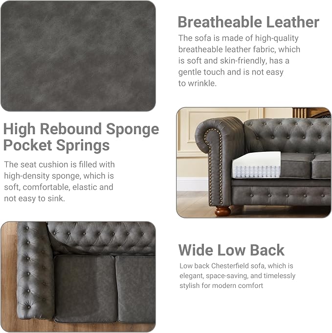Chesterfield Leather Sofa, 89" Mid Century Modern Couch with Low Back, Roll Arm Nailhead Trim Classic 3 Seater Couch for Living Room, Office, Apartment, Faux Leather Dark Grey