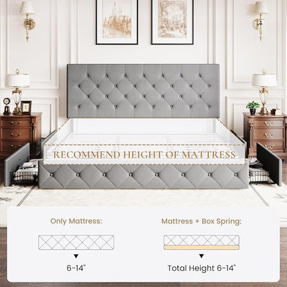 SHA CERLIN Upholstered King Size Platform Bed Frame with 4 Storage Drawers, Adjustable Headboard with Diamond Stitched Button Tufted Design, Wooden Slat Support, No Box Spring Needed, Light Grey