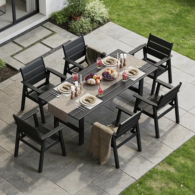HDPE Outdoor Dining Table and Chairs, 7-Piece Patio Table and Chairs Set, Outdoor Dining Set for 6, All-Weather Dining Furniture Set with Umbrella Hole, Black