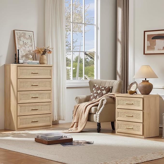 RWYHG Rattan Dresser Set for Bedroom with 5 Drawers 45" Tall Wood Closet Organizer with Metal Handle Furniture for Living Room Hallway Natural