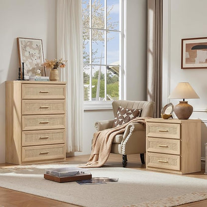 RWYHG Rattan Dresser Set for Bedroom with 5 Drawers 45" Tall Wood Closet Organizer with Metal Handle Furniture for Living Room Hallway Natural