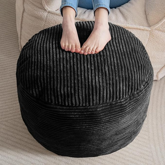 HIGOGOGO Round Stuffed Pouf Ottoman, Corduroy Poufs with Foam Chunk Filling, Furry and Fluffy Pouf Foot Stool Storage Ottoman, 20 X 15 Floor Poufs Foot Rest for Living Room, Black
