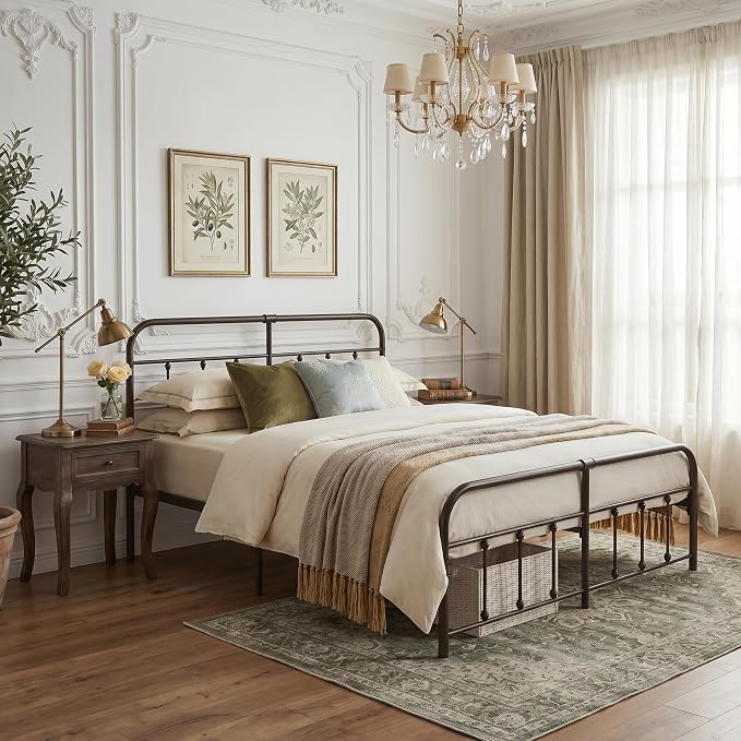VECELO King Size Victorian Style Metal Bed Frame with Headboard/Mattress Foundation/No Box Spring Needed/Under Bed Storage and Strong Slat Support Purple Bronze
