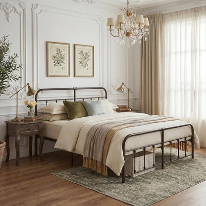 VECELO King Size Victorian Style Metal Bed Frame with Headboard/Mattress Foundation/No Box Spring Needed/Under Bed Storage and Strong Slat Support Purple Bronze