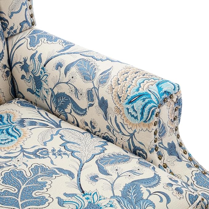 High Back Floral Accent Chair, Fabric Upholstered Armchair Wingback Arm Chair for Living Room, Nailhead Trim Single Sofa Bedroom Side Reading Seat with Retro Solid Wood Legs - Boho Blue