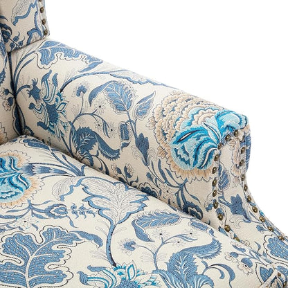 High Back Floral Accent Chair, Fabric Upholstered Armchair Wingback Arm Chair for Living Room, Nailhead Trim Single Sofa Bedroom Side Reading Seat with Retro Solid Wood Legs - Boho Blue