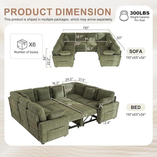 Hanherry Sectional Sofa with Pull Out Couch Bed,Corduroy Sleeper Sofa with 2 Seat Storage & USB Charging,Comfy Modular Couches for Living Room,Apartment