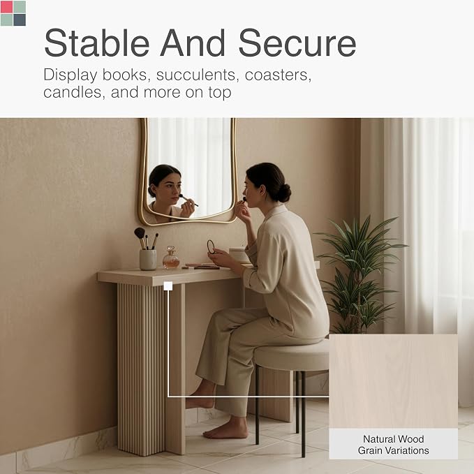 Stead Fluted Console Table – Weathered White Solid Wood Entryway Table with Oak Grain Veneer, Curved Base & Adjustable Feet – Modern Farmhouse Fluted Console Table for Hallway or Living Room.