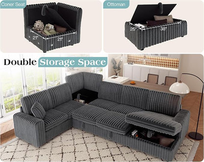 VanAcc 130" Sofa Bed, Sectional Sleeper Sofa with Pull Out Bed, Sleeper Couch for Living Room, 6 Seater Couch with Storage, Faux Fur Dark Grey