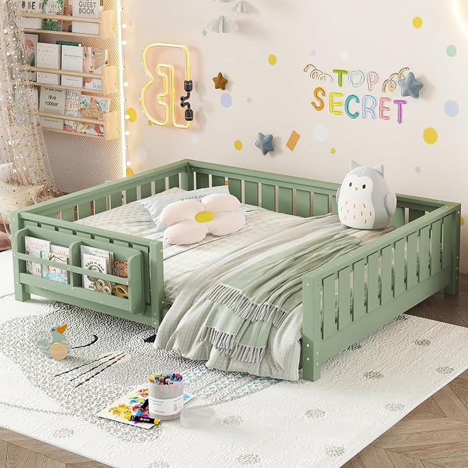 Bellemave Full Floor Bed with Slats and Rails, Full Size Montessori Floor Bed with Bookcase and Fence, Easy Assemble Montessori Beds for Girls, Boys, Avocado Green