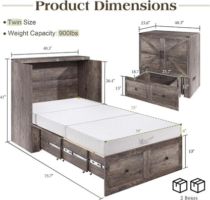 LUXOAK Twin Murphy Bed with 6" Tri-Fold Memory Foam Mattress, Storage Drawer & Charging Station, Space-Saving Design for Home Office or Guest Room, Rustic Grey