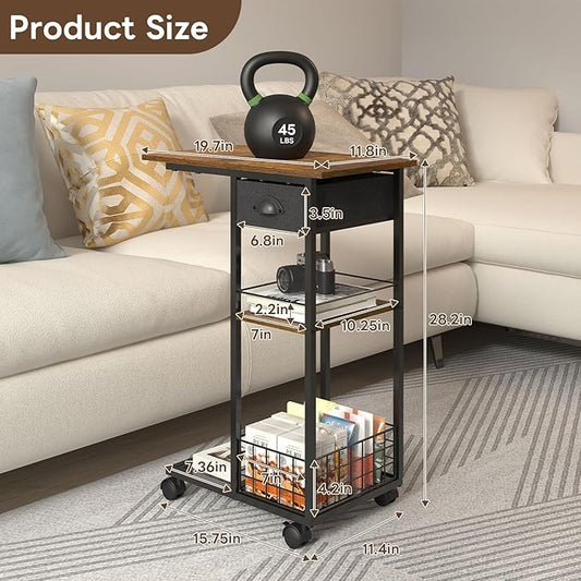 Hayexiha 3-Tier Side Table with Wheels and 360° Rotation, C Table with Drawer, End Table for Couch, Space Saving Small Desk for Narrow Space, TV Tray, Vintage Bedside Table for Living Room, Bedroom