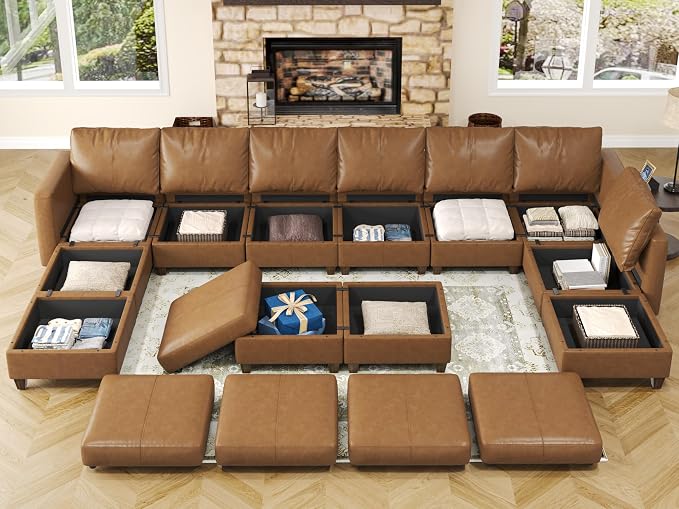 EASE MOOSE Faux Leather Sectional Sofa，U Shaped Faux Leather Modular Sectional Sofa ，Brown Modular Couch for Living Room