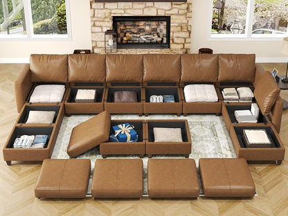 EASE MOOSE Faux Leather Sectional Sofa，U Shaped Faux Leather Modular Sectional Sofa ，Brown Modular Couch for Living Room