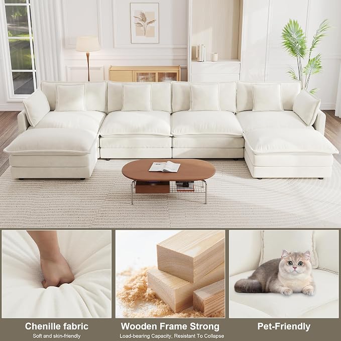 147" Modular Sectional Sofa, Oversized U Shaped Sectionals Cloud Couch, Big Comfy Couch with 2 Ottomans, 6 Seater Chenille Sectional Sofa with Deep Seat and 6 Pillows for Living Room- Beige