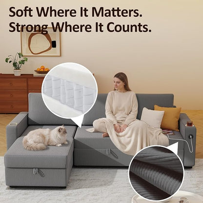 Ball & Cast 80" Sectional Sleeper Sofa Bed Pull Out Couches for Living Room | L Shaped Convertible Pull Out Sofa Bed with Storage Chaise, Foldable Table, USB Port, Cup Holder, Side Pocket for Small Space