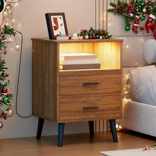 LVSOMT Brown Bedroom Nightstand with Charging Station and LED Lights, Modern Bedside Table with Hidded Drawer, Smart Night Stand with Open Storage Shelf, USB Port, Metal Legs