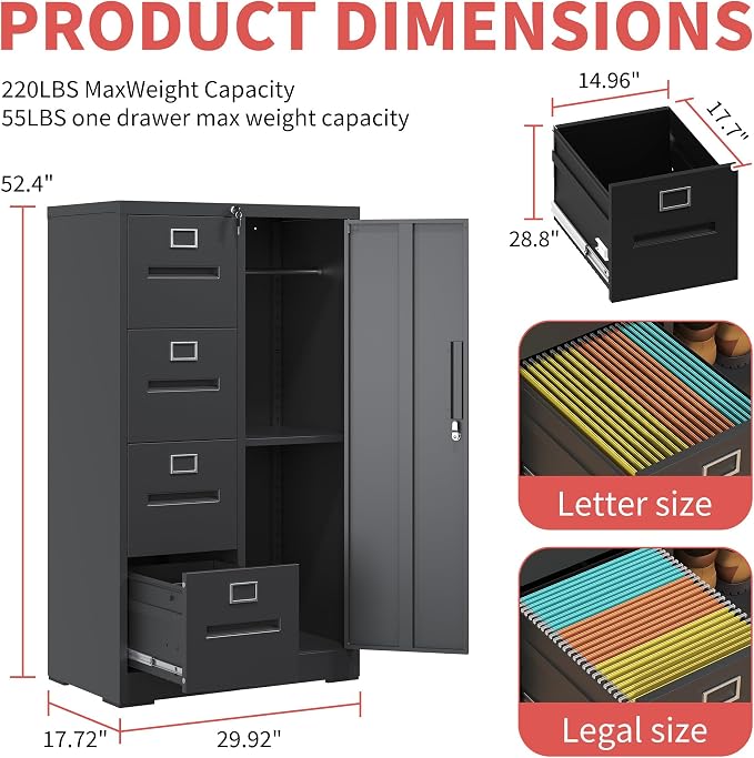 IKIMI 4 Drawer Black File Cabinet with 1 Door,Metal Storage Locker Cabinets for Employees,Home Office Lockable Steel Filing Cabinets for Legal/Letter Size Files, Assembly Required