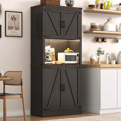 72" Tall Farmhouse Kitchen Pantry Cabinet with LED Light and Power Outlet,Modern Farmhouse Kitchen Storage Cabinet w Load-Bearing Steel Pipe,Barn Doors, Organizer,Food Pantry Cabinets(Black)