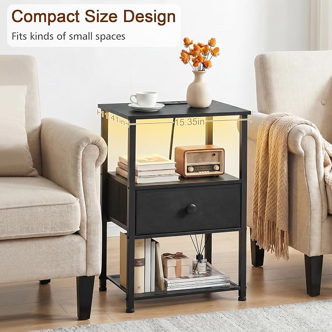 LOAKEKEL Nightstands Set of 2 with Charging Station, Night Stand with LED Lights, End Tables Living Room with Storage Shelf, Bed Side Tables with Storage Drawer for Bedroom, Black, HETS01BK
