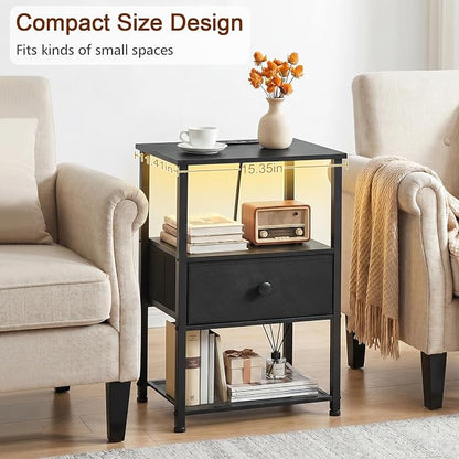 LOAKEKEL Nightstands Set of 2 with Charging Station, Night Stand with LED Lights, End Tables Living Room with Storage Shelf, Bed Side Tables with Storage Drawer for Bedroom, Black, HETS01BK